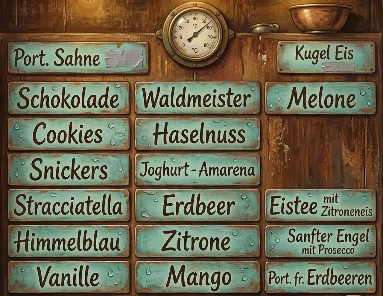 Sortentafel von Bella Italia mit Schokolade, Waldmeister, Himmelblau, Vanille und weiteren Eissorten