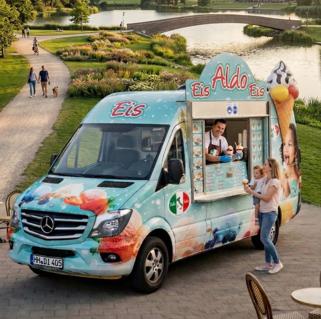 Eiswagen „Aldo“ von Eis Bella Italia an einem Grünzug in Hamburg